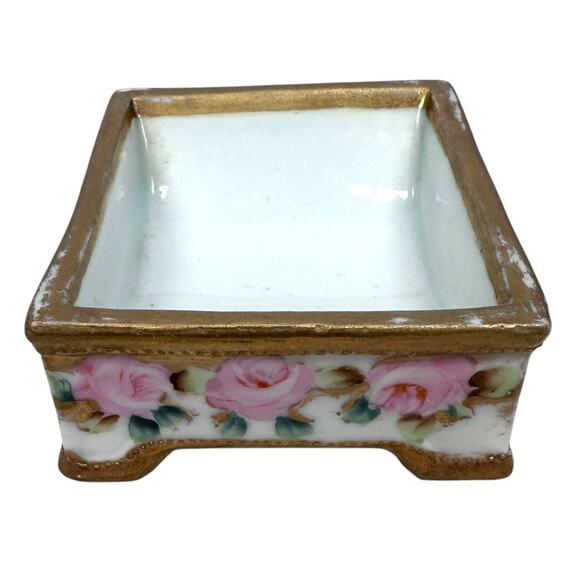 Vintage Nippon Trinket Dish 3.25" Gold Pink Rose Square Porcelain Hand-Painted - Picture 2 of 10